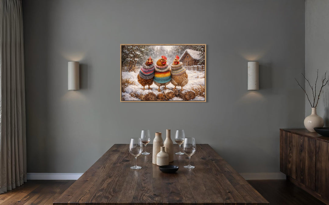Framed wall art of three chickens in colorful sweaters standing in a snowy winter landscape.