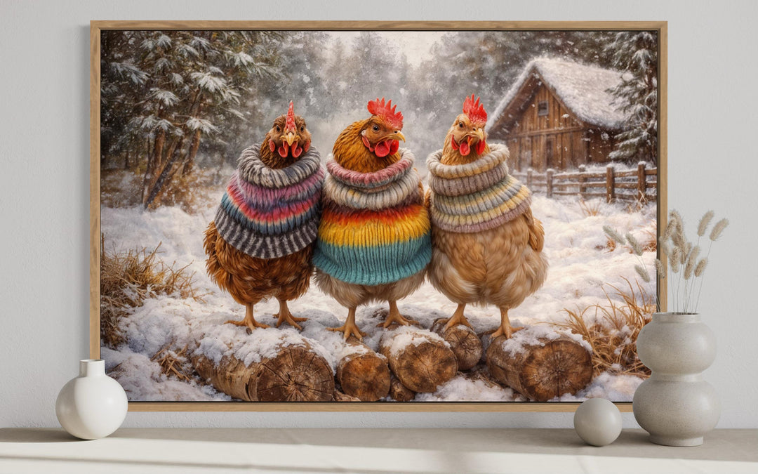 Framed wall art of three chickens wearing colorful knit sweaters in a snowy farmhouse setting.