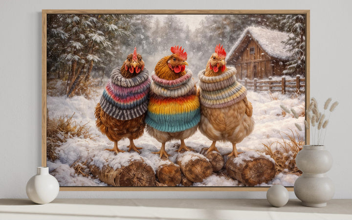 Framed wall art of three chickens wearing colorful knit sweaters in a snowy farmhouse setting.