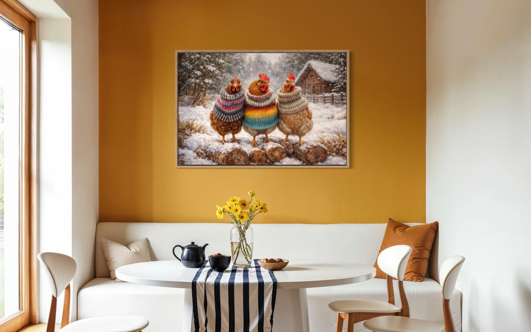 Framed canvas print of three chickens in colorful sweaters on a snowy farmhouse background.