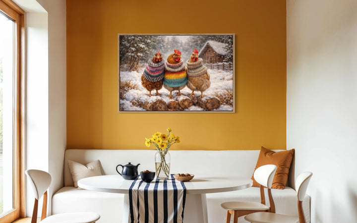 Framed canvas print of three chickens in colorful sweaters on a snowy farmhouse background.