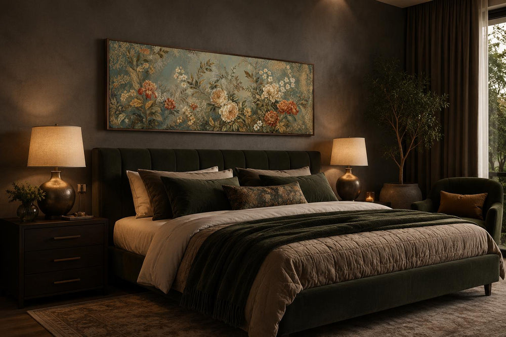 Framed horizontal vintage floral tapestry with sage and rust flowers hanging above a bed.