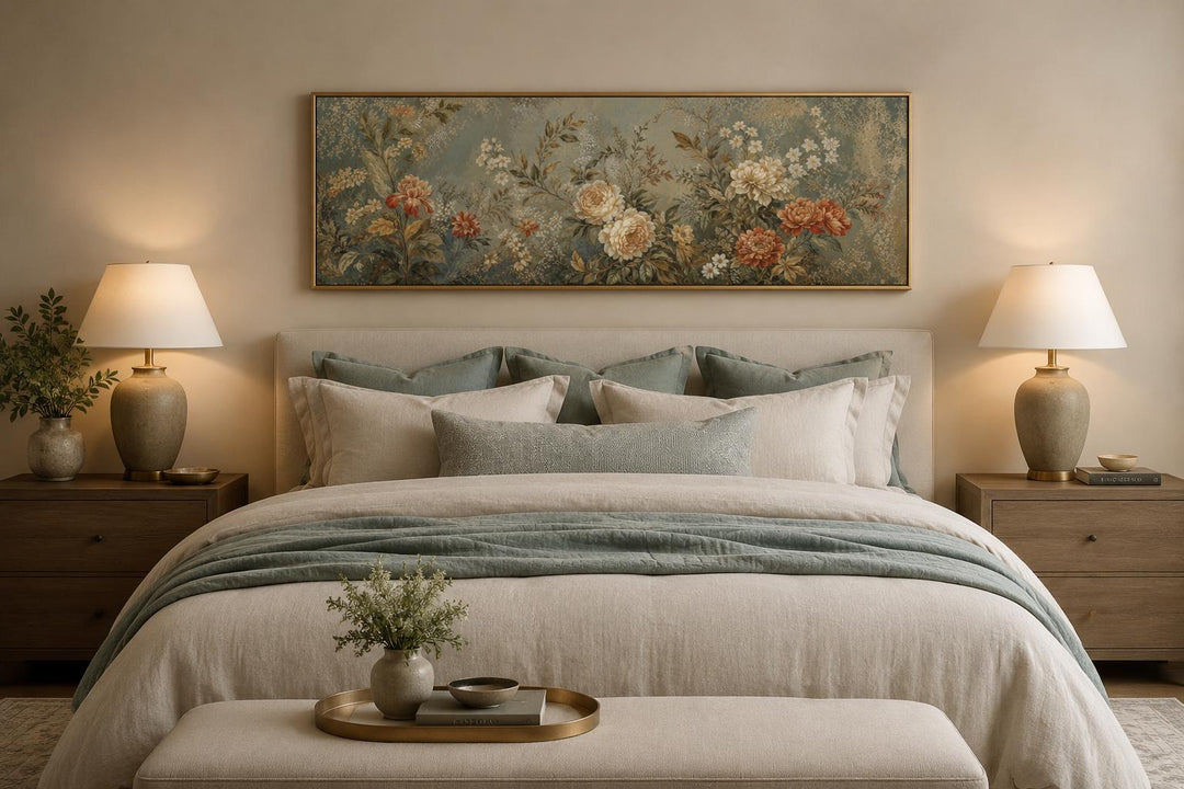 Framed horizontal floral tapestry wall art with sage and rust flowers hanging above a bed.