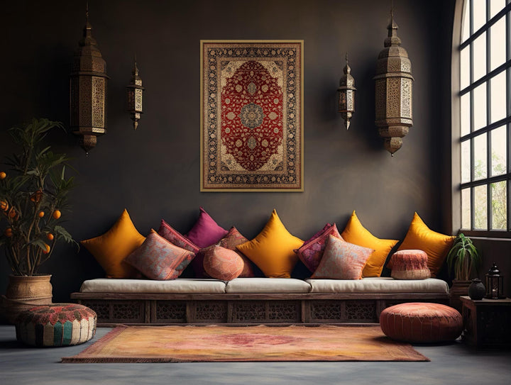Framed Red And Gold Vertical Persian Rug Canvas Wall Art