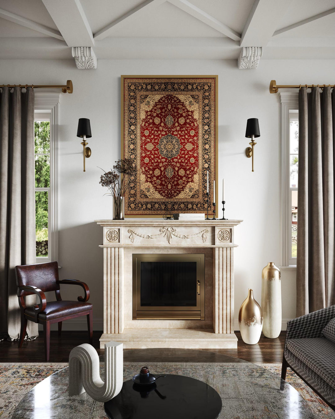 Framed Red And Gold Vertical Persian Rug Canvas Wall Art