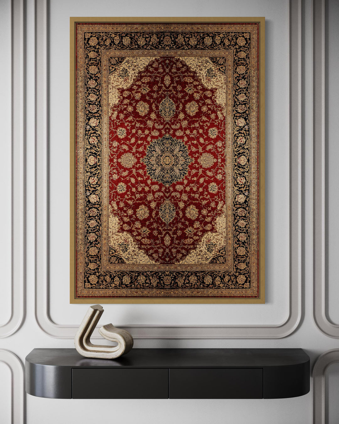 Framed Red And Gold Vertical Persian Rug Canvas Wall Art