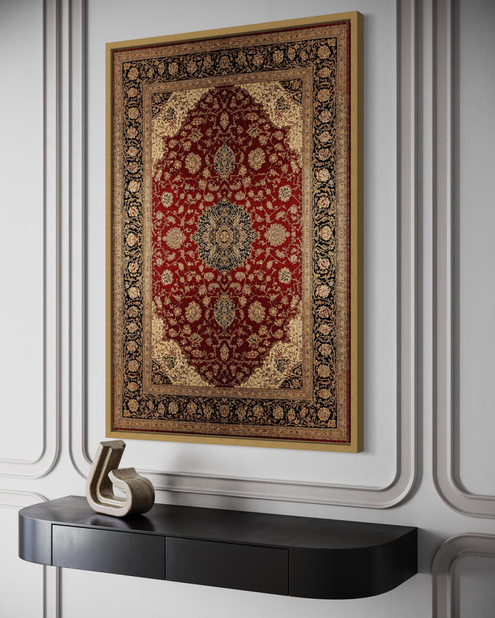 Framed Red And Gold Vertical Persian Rug Canvas Wall Art
