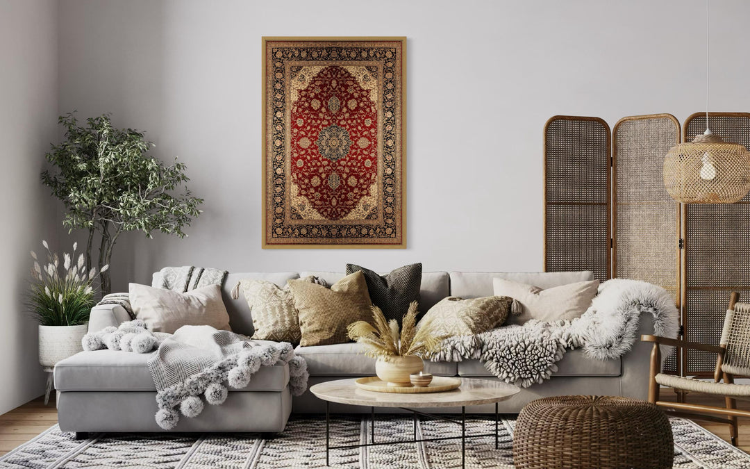 Framed Red And Gold Vertical Persian Rug Canvas Wall Art