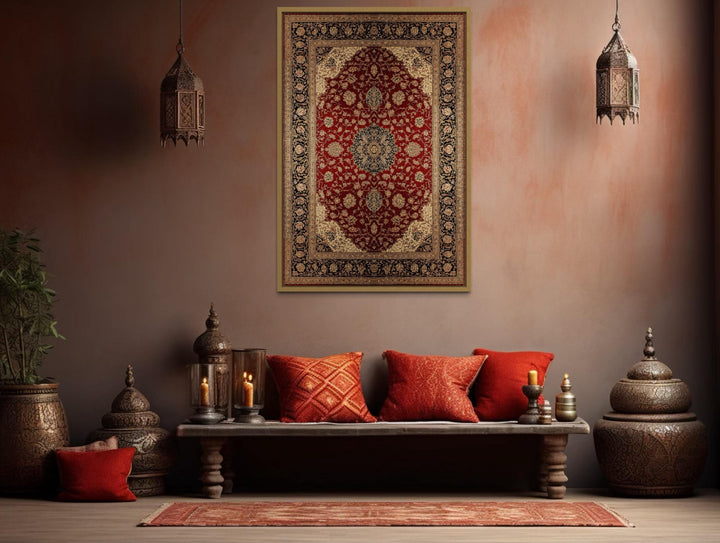 Framed Red And Gold Vertical Persian Rug Canvas Wall Art