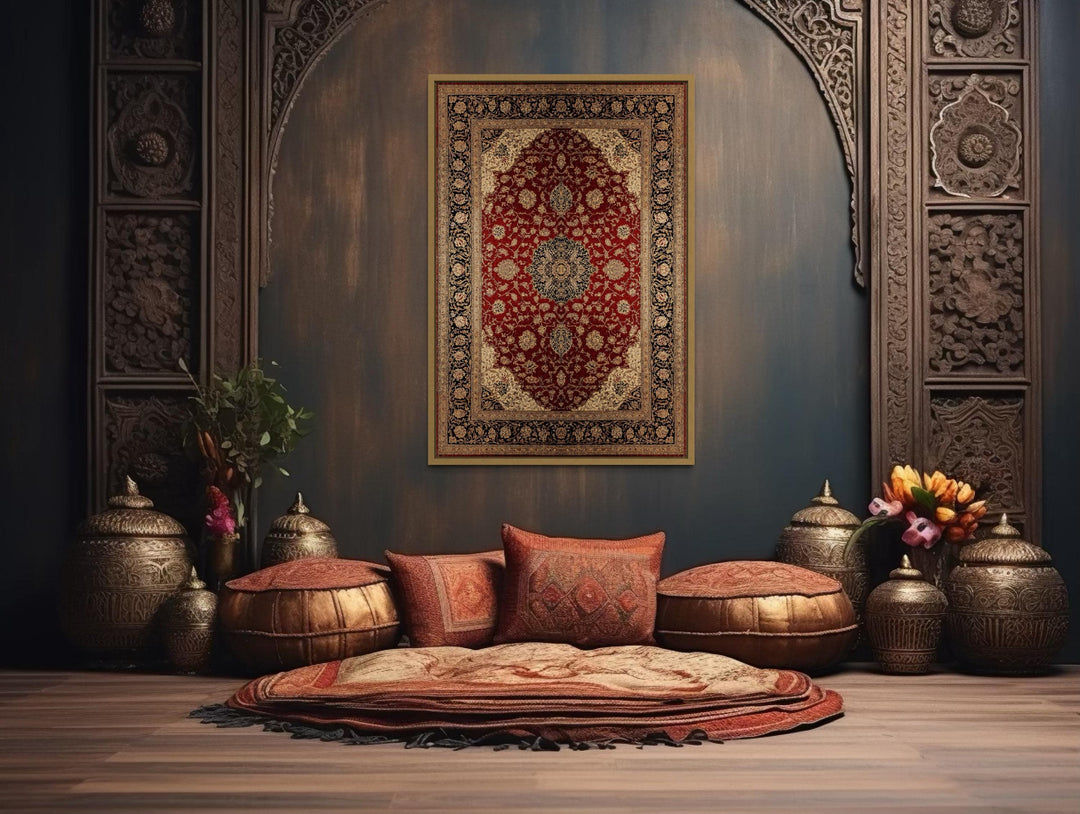 Framed Red And Gold Vertical Persian Rug Canvas Wall Art