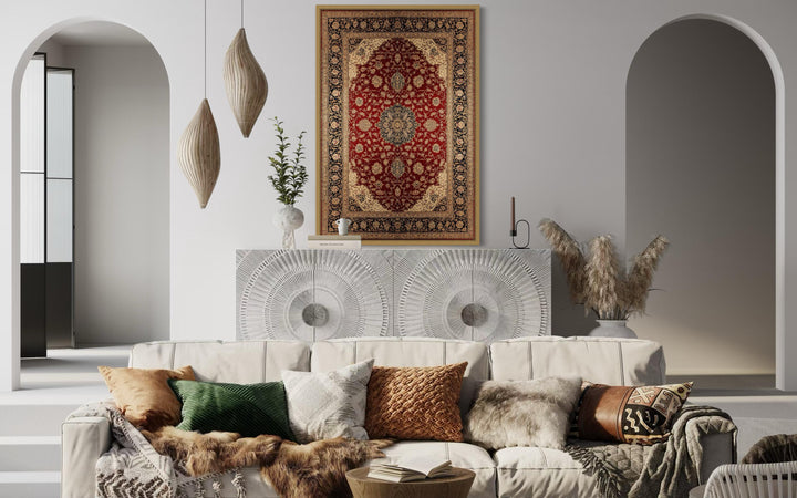 Framed Red And Gold Vertical Persian Rug Canvas Wall Art