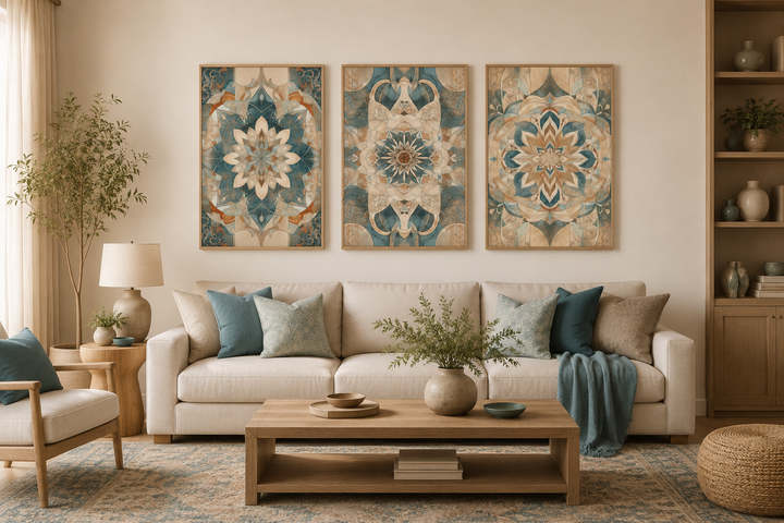 Set of 3 framed boho mandala wall art pieces in neutral tones above a cream sofa in a living room.