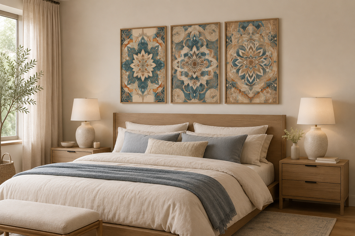 Set of three framed boho mandala wall art pieces in neutral tones hanging above a wooden bed frame.