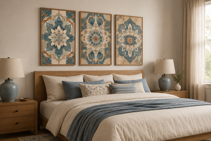 Set of 3 framed boho mandala wall art pieces in blue and beige tones hanging above a wooden bed.