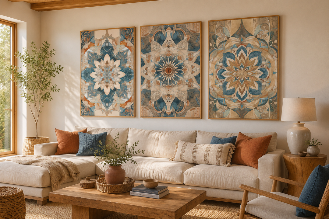Set of 3 framed boho neutral mandala wall art prints hanging above a cream sofa in a living room.