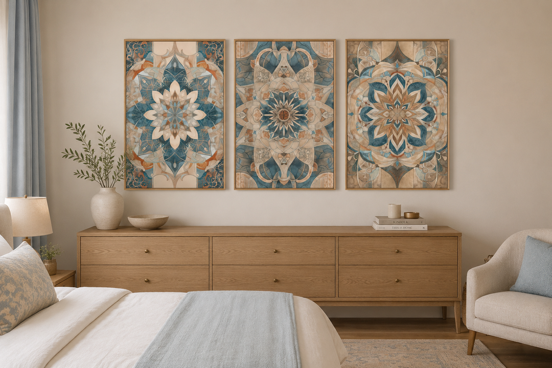 Set of three framed mandala wall art pieces in blue and beige tones above a wooden dresser.