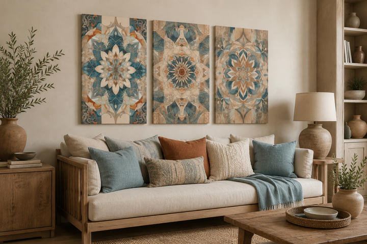 Set of three framed mandala wall art pieces in neutral blue and beige tones above a wooden sofa.