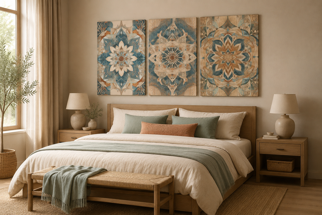 Set of 3 framed boho mandala wall art pieces in neutral tones hanging above a wooden bed frame.