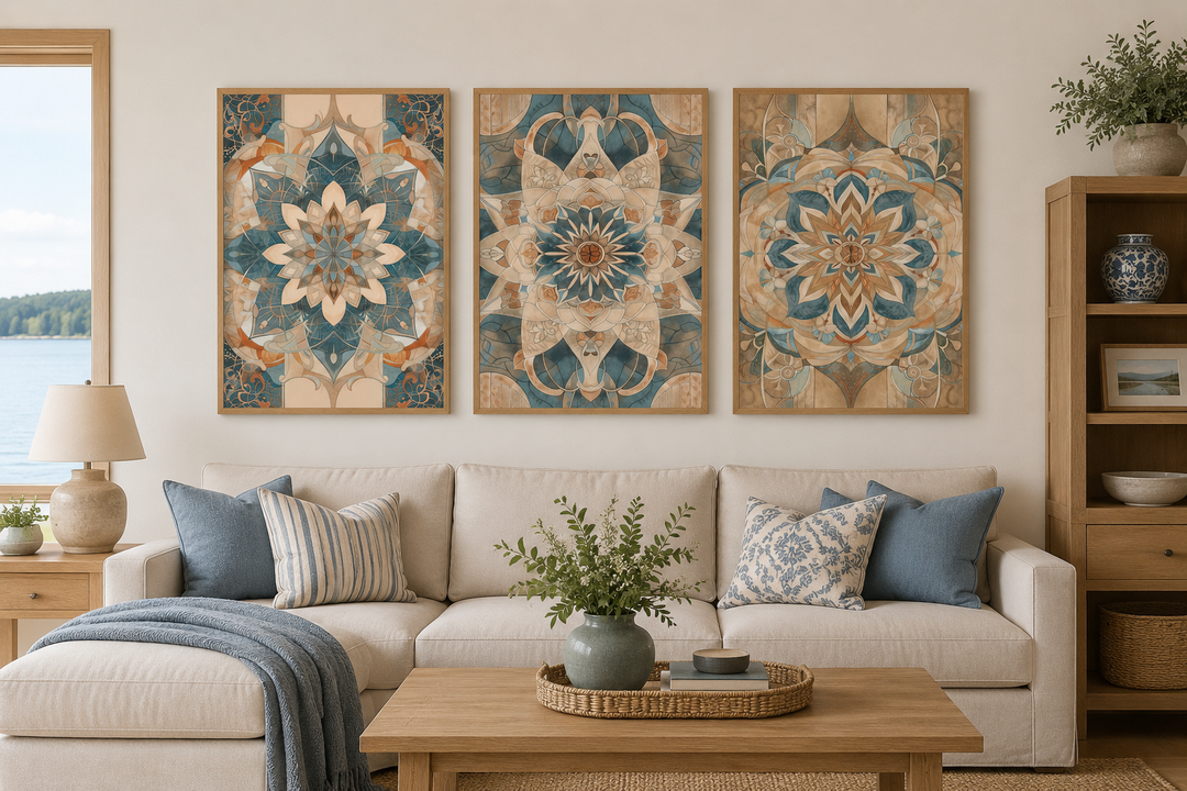 Set of 3 framed boho mandala wall art prints in neutral tones above a cream sofa in a living room.