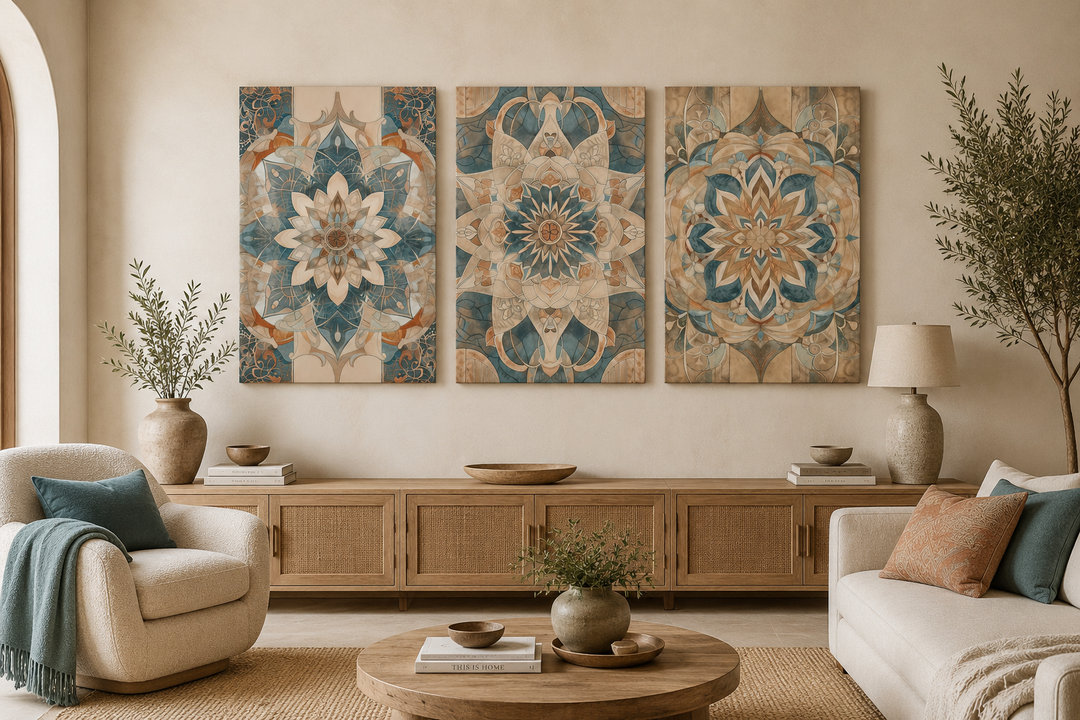 Set of three framed canvas prints featuring intricate mandala designs in neutral and blue tones.