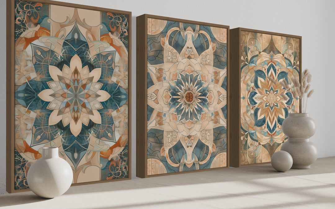 Set of three framed canvas prints featuring intricate blue and beige mandala designs.