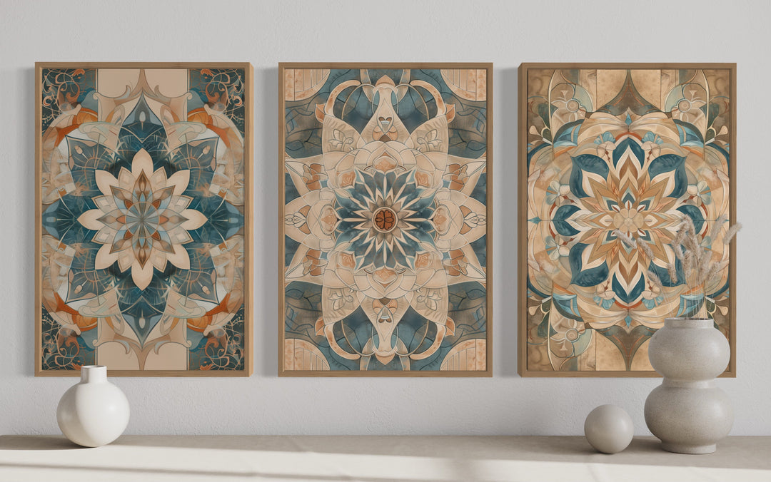 Set of three framed boho mandala wall art prints in neutral beige and blue tones on a white wall.