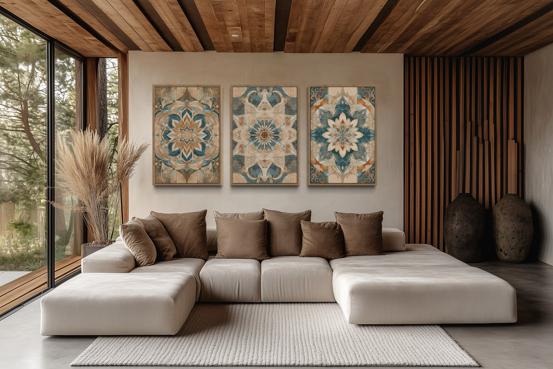 Set of 3 framed boho neutral mandala wall art prints hanging above a modern sectional sofa.