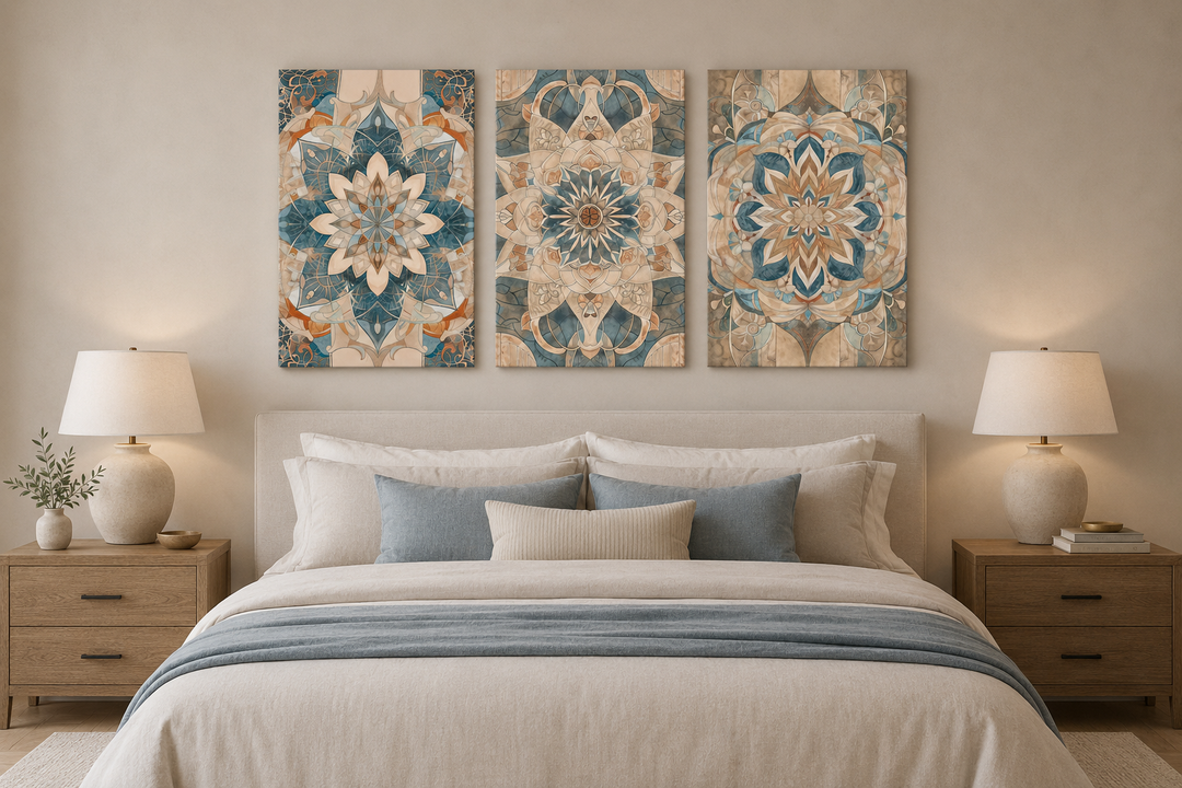 Set of 3 framed boho mandala wall art pieces in neutral tones hanging above a bed.