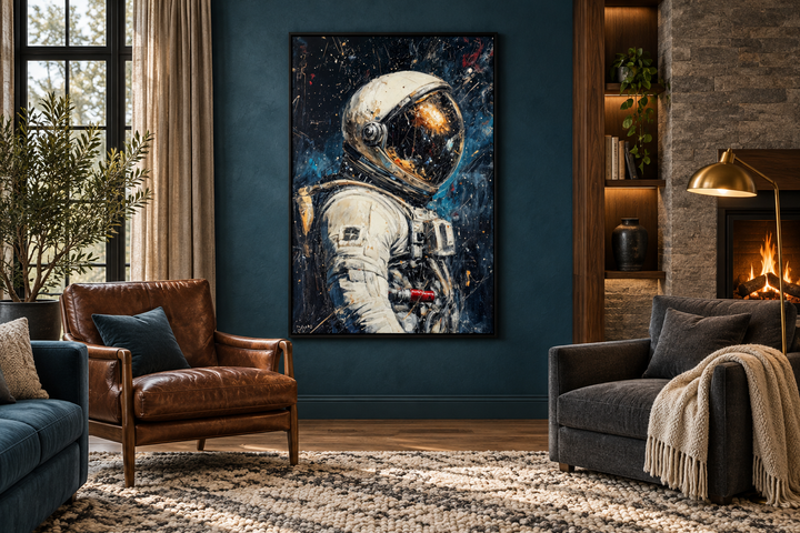 Astronaut Graffiti Framed Canvas Wall Art hanging in a modern living room with a fireplace.