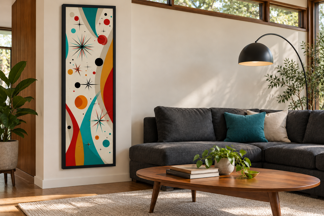 Vertical mid-century modern canvas print with retro geometric shapes and atomic starburst details.