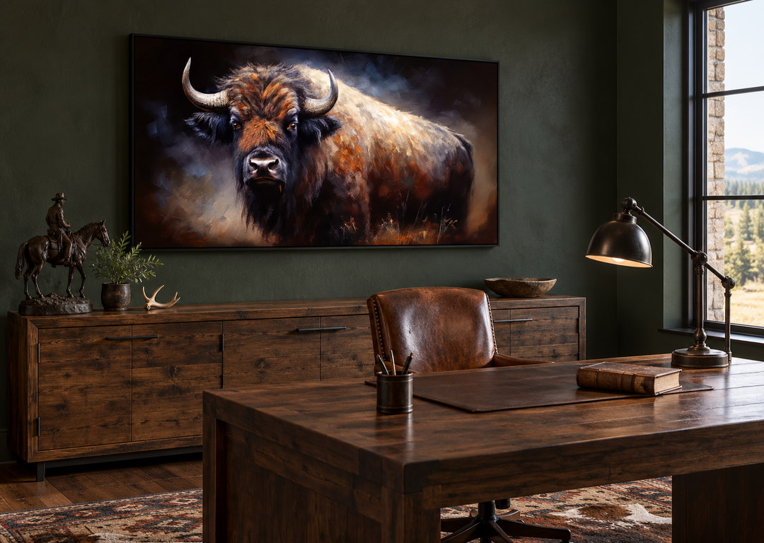 Extra large framed canvas print of an American buffalo in a rustic office with dark green walls.