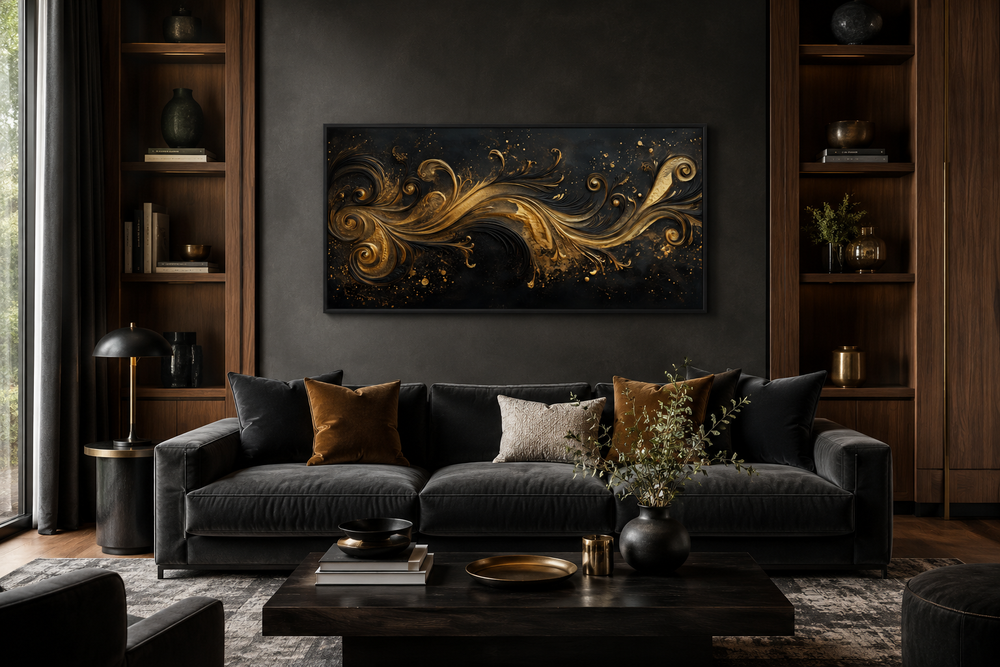 Black and gold Art Nouveau framed canvas wall art with swirling patterns above a dark velvet sofa.