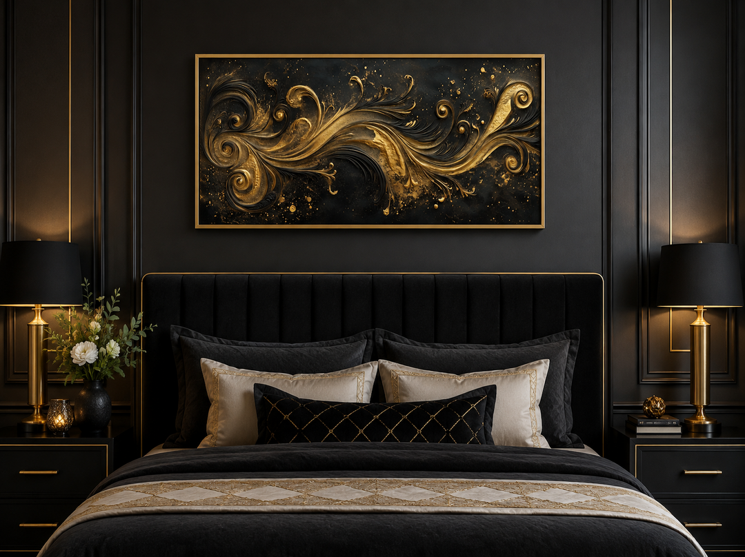 Black and gold Art Nouveau framed canvas wall art featuring swirling patterns above a bed.