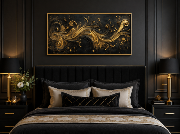 Black and gold Art Nouveau framed canvas wall art featuring swirling patterns above a bed.