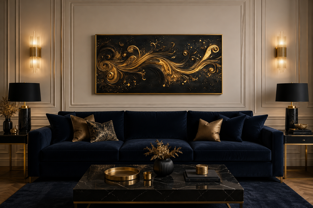 Black and gold Art Nouveau framed canvas wall art with swirling patterns above a navy blue sofa.
