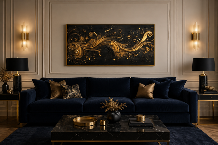Black and gold Art Nouveau framed canvas wall art with swirling patterns above a navy blue sofa.