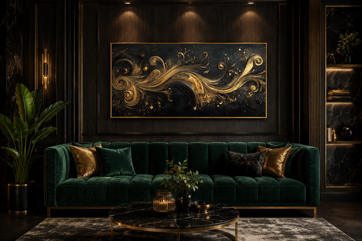 Black gold Art Nouveau framed canvas wall art with swirling patterns above a green velvet sofa.