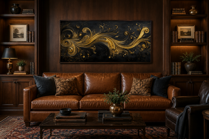 Black and gold Art Nouveau framed canvas wall art featuring swirling patterns above a leather sofa.