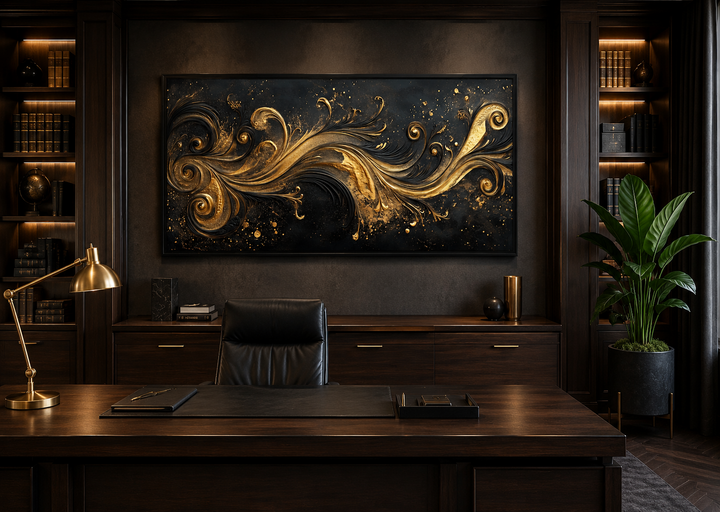 Black gold Art Nouveau framed canvas wall art hanging in a dark wood office above a desk.