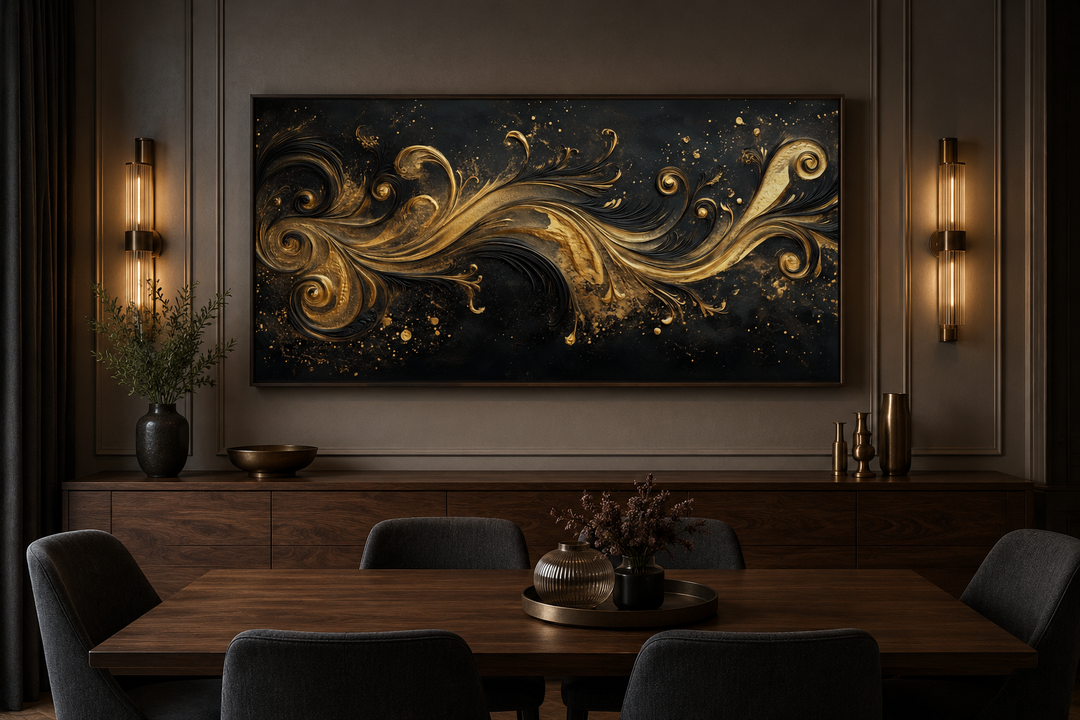 Black and gold Art Nouveau framed canvas wall art featuring swirling patterns above a dining table.