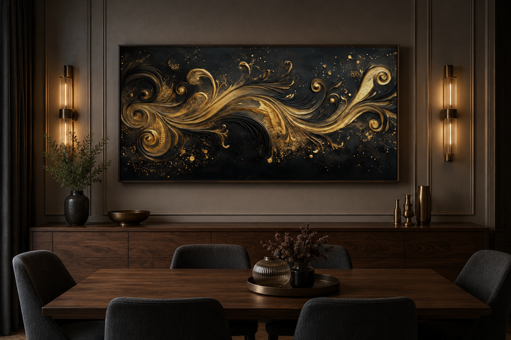 Black and gold Art Nouveau framed canvas wall art featuring swirling patterns above a dining table.
