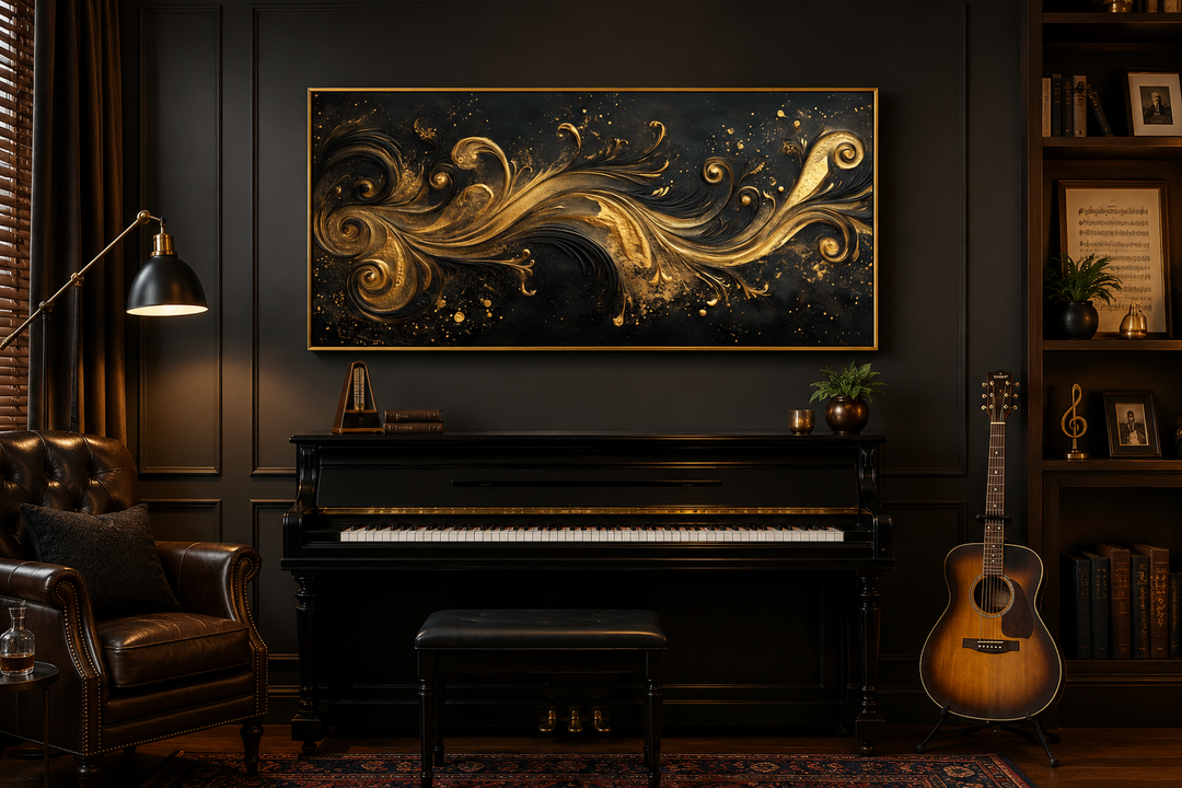 Black and gold Art Nouveau framed canvas wall art featuring swirling patterns above a piano.
