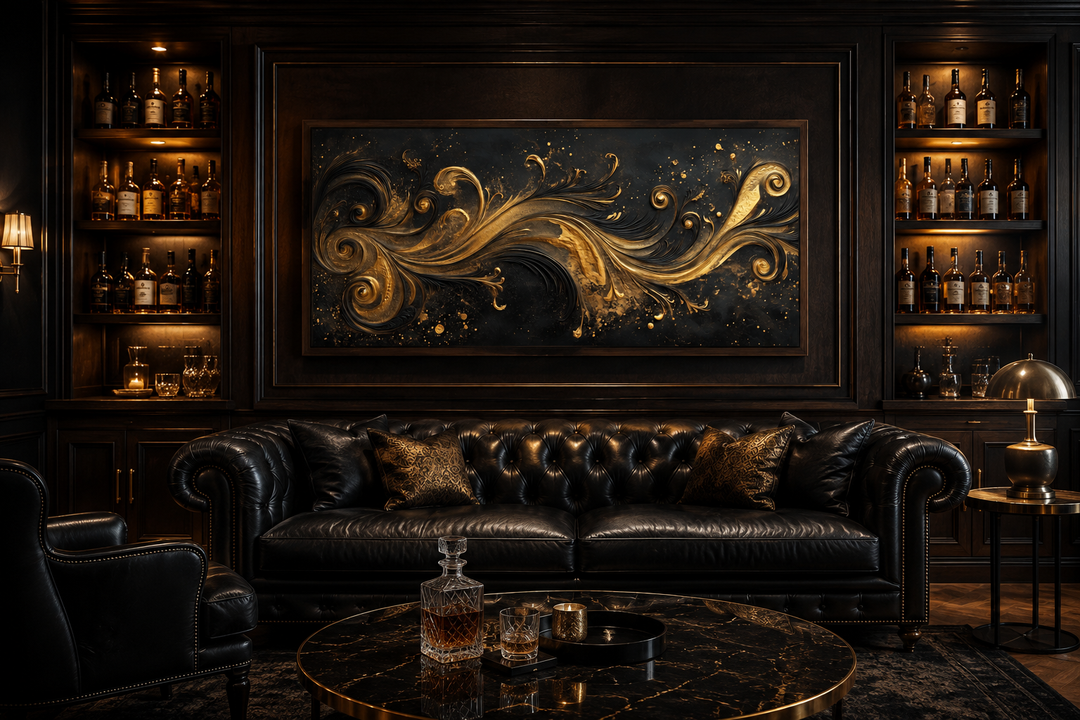 Black and gold Art Nouveau framed canvas wall art with swirling patterns above a black leather sofa.