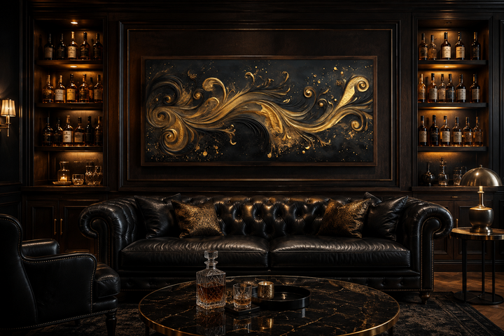 Black and gold Art Nouveau framed canvas wall art with swirling patterns above a black leather sofa.