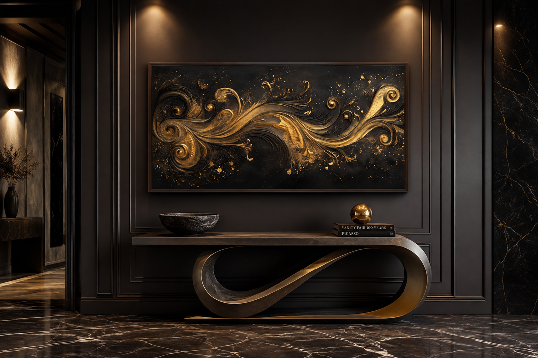 Black and gold Art Nouveau framed canvas wall art with swirling patterns above a console table.