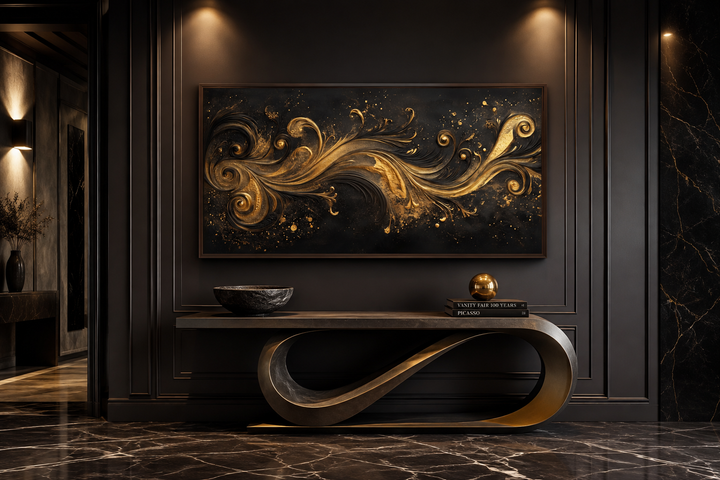Black and gold Art Nouveau framed canvas wall art with swirling patterns above a console table.