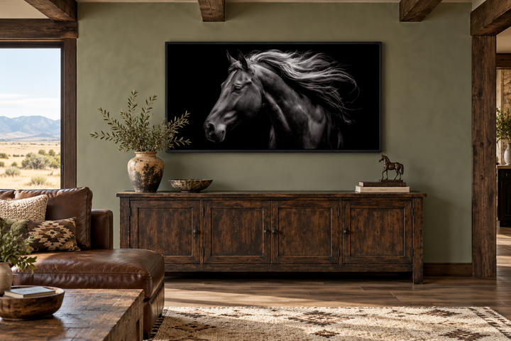 Extra large framed canvas wall art featuring a majestic black horse with a flowing mane.
