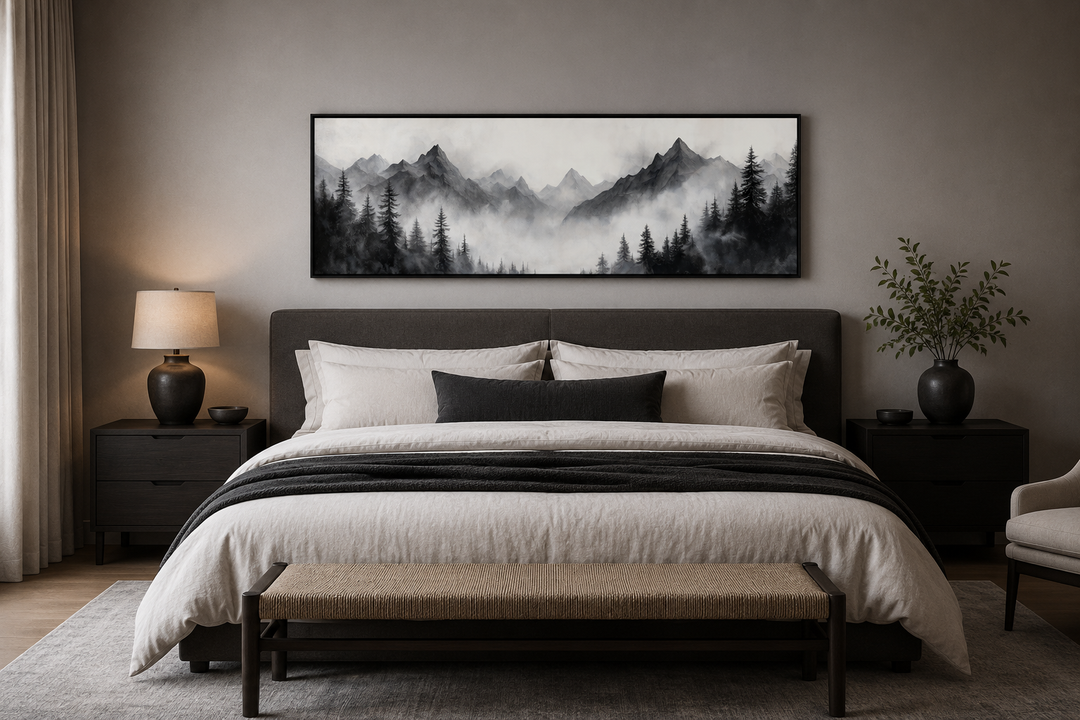 Black and white watercolor foggy mountain forest long horizontal wall art above a bed.