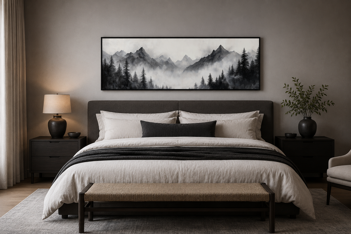 Black and white watercolor foggy mountain forest long horizontal wall art above a bed.