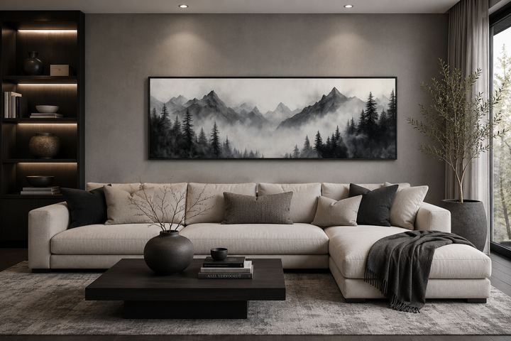 Black and white watercolor foggy mountain forest long horizontal wall art above a beige sofa.